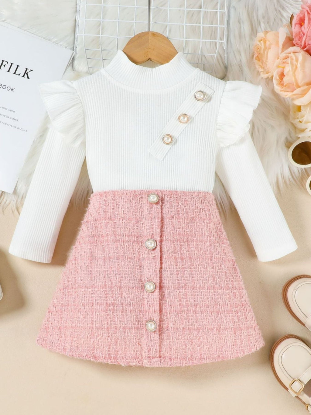 Girls Ruffle Top & Tweed Skirt Set