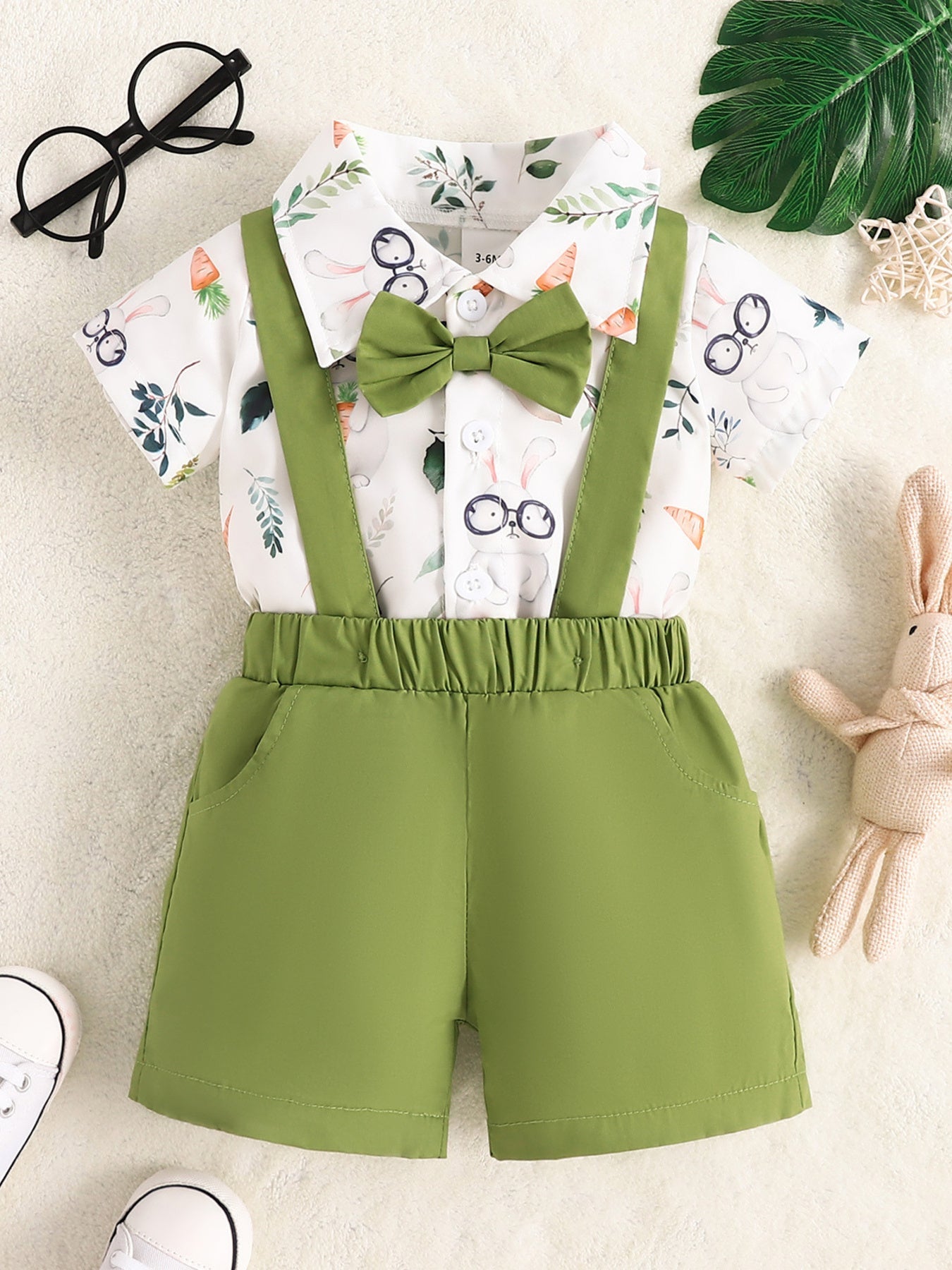 Kids Bunny Print Suspender Shorts Set